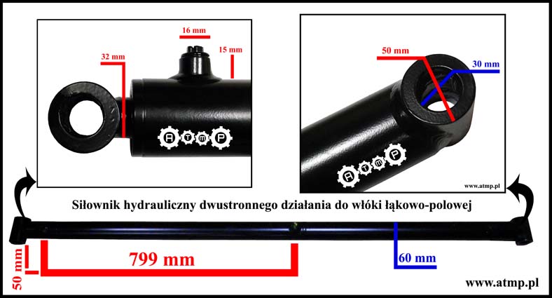 SIŁOWNIK HYDRAULICZNY JEDNOSTRONNEGO DZIAŁANIA  50mm / 32mm / 747mm 